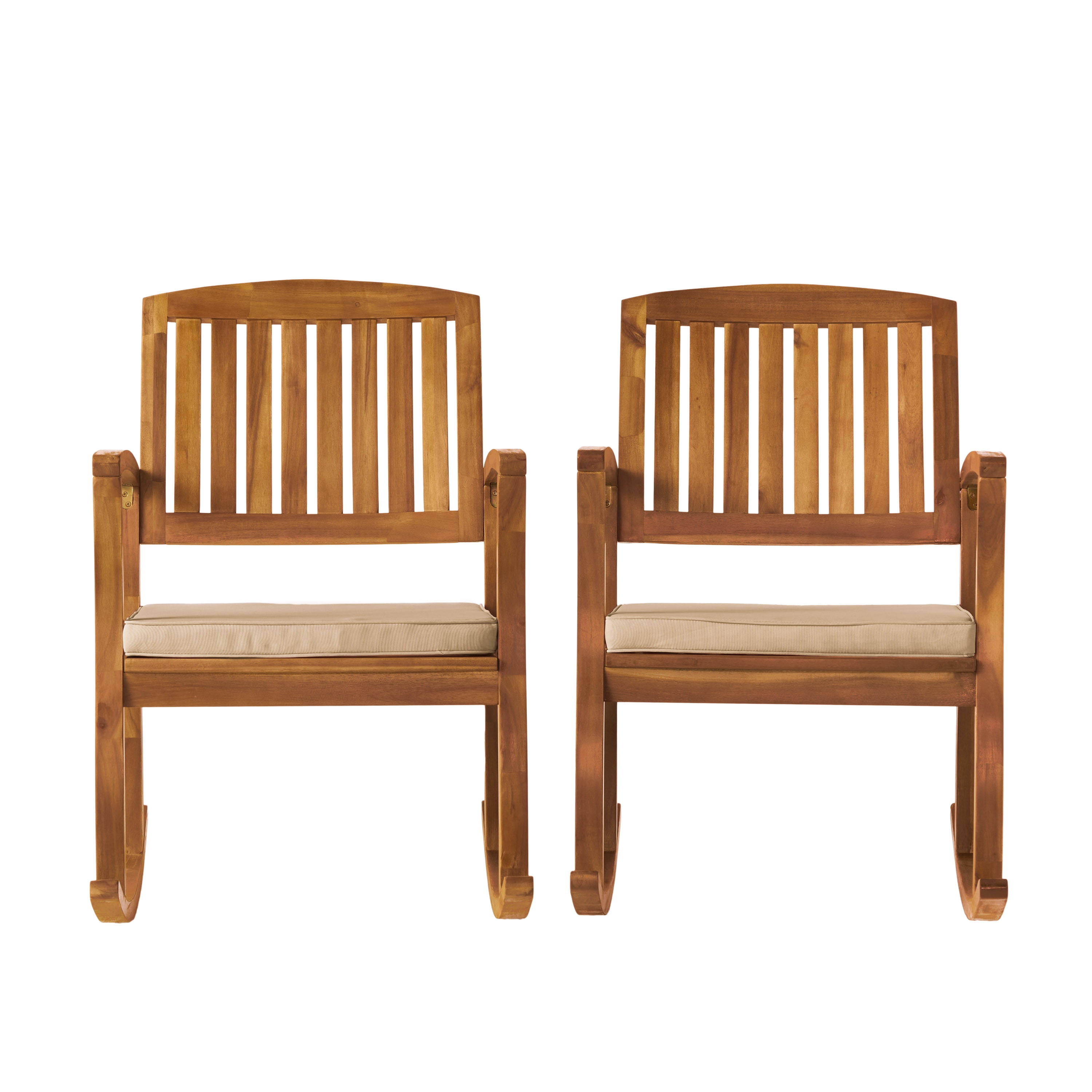 Dewitt Outdoor Acacia Rocking Chair with Cushion, Set of 2, Teak Finish, Beige