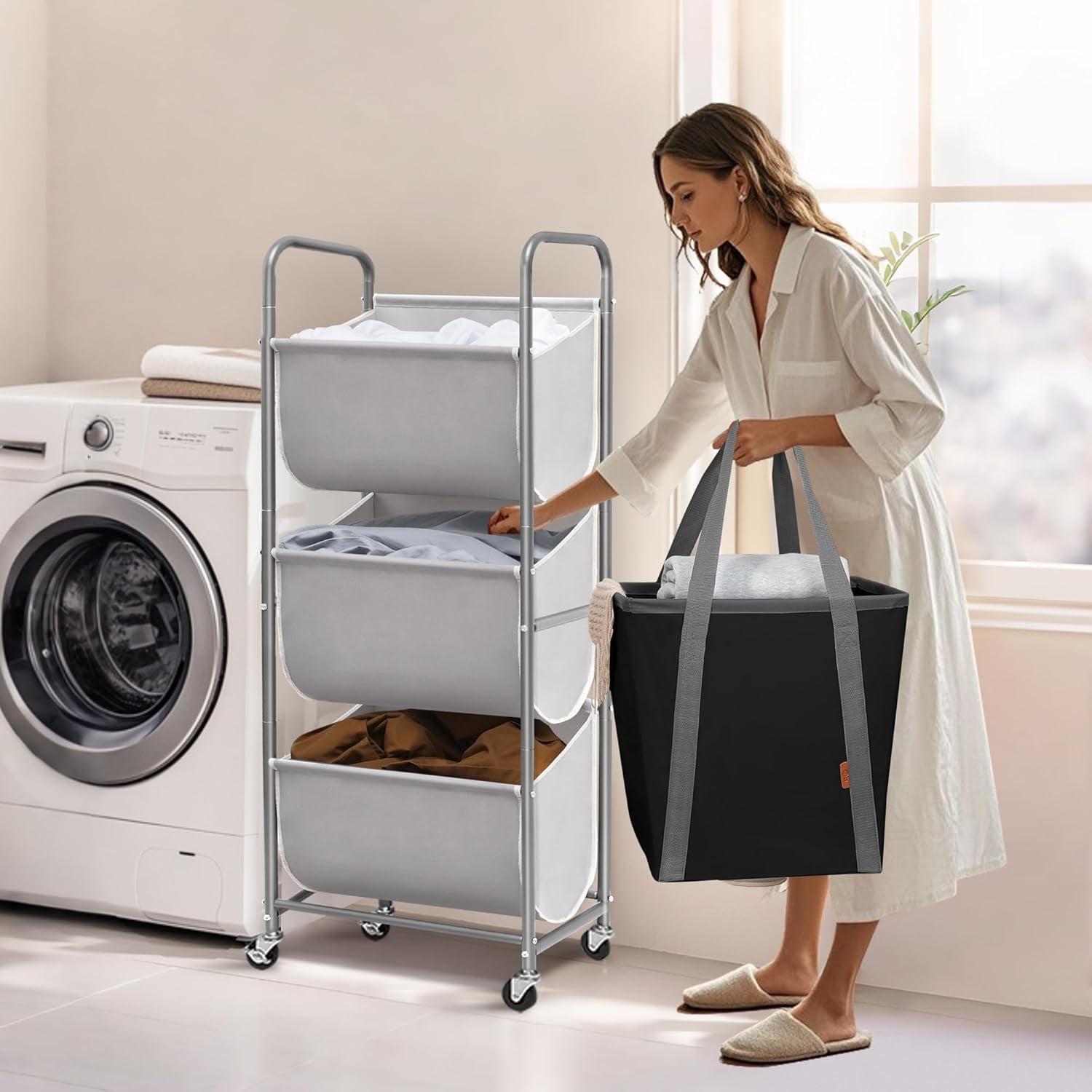 120 Liters Vertical Rolling Laundry Hamper, 3 Section Laundry Sorter with Wheels and 2 Breaks, 3-tier Laundry Baskets for Small Space, Dorm, Laundry Room, Closet, Bathroom, Gray 3-tier