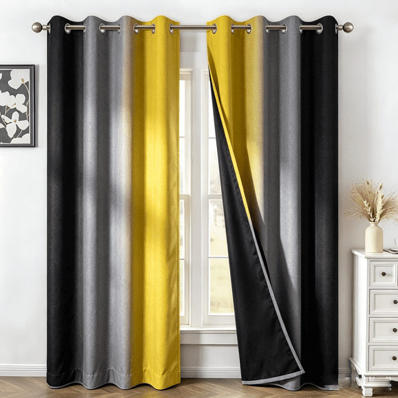 AOFOTO Yellow and Black Blackout Curtains Ombre Grommet Room Darkening Curtains Thermal Insulated Window Drapes Set of 2, 42"W x 84"L