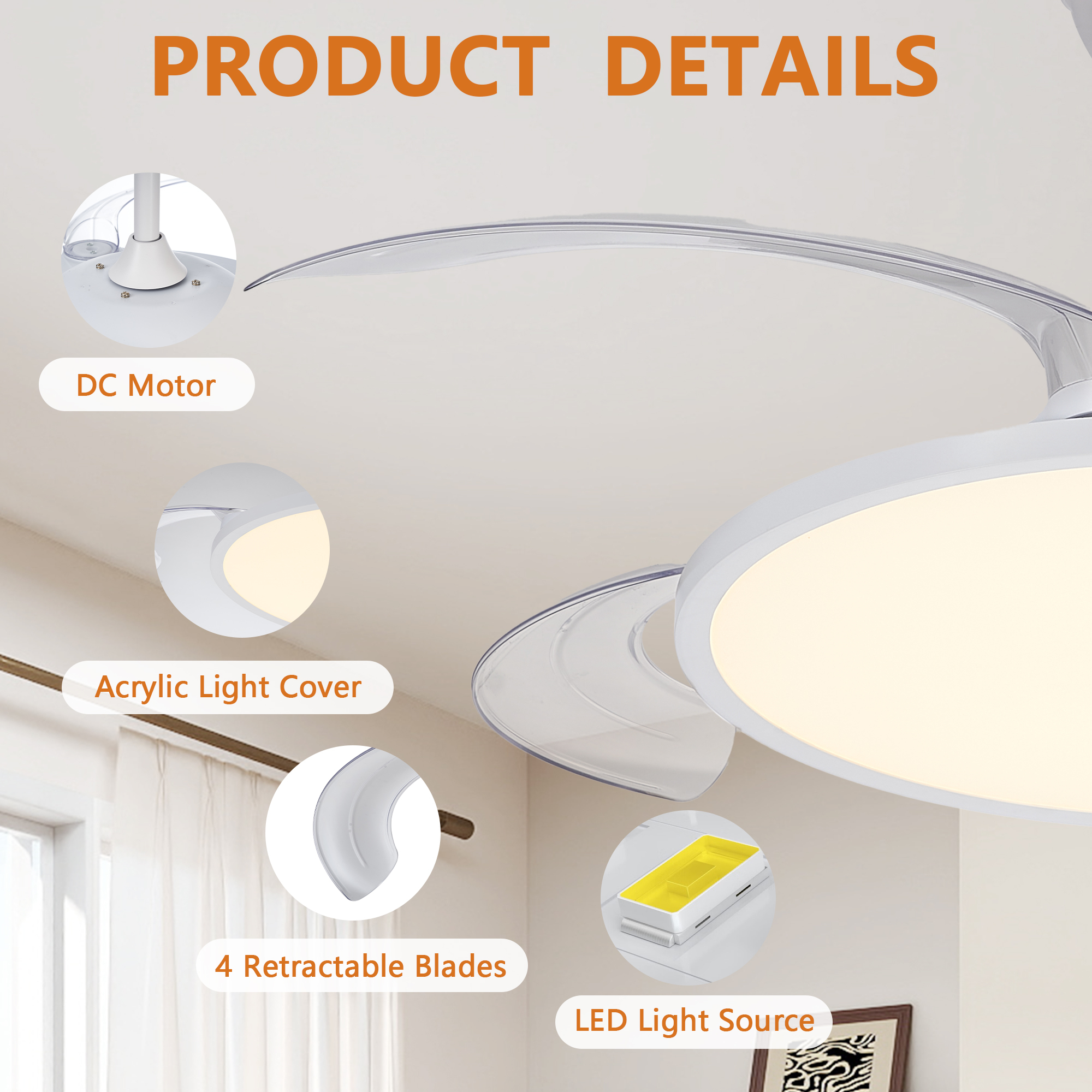 Leumius Retractable Ceiling Fans with Lights,42" Ceiling Fan with Light and Remote Control,Flush Mount,DC Reversible,3CCT,Low Noise,White Ceiling Fan for Bedroom,Living Room,Kitchen