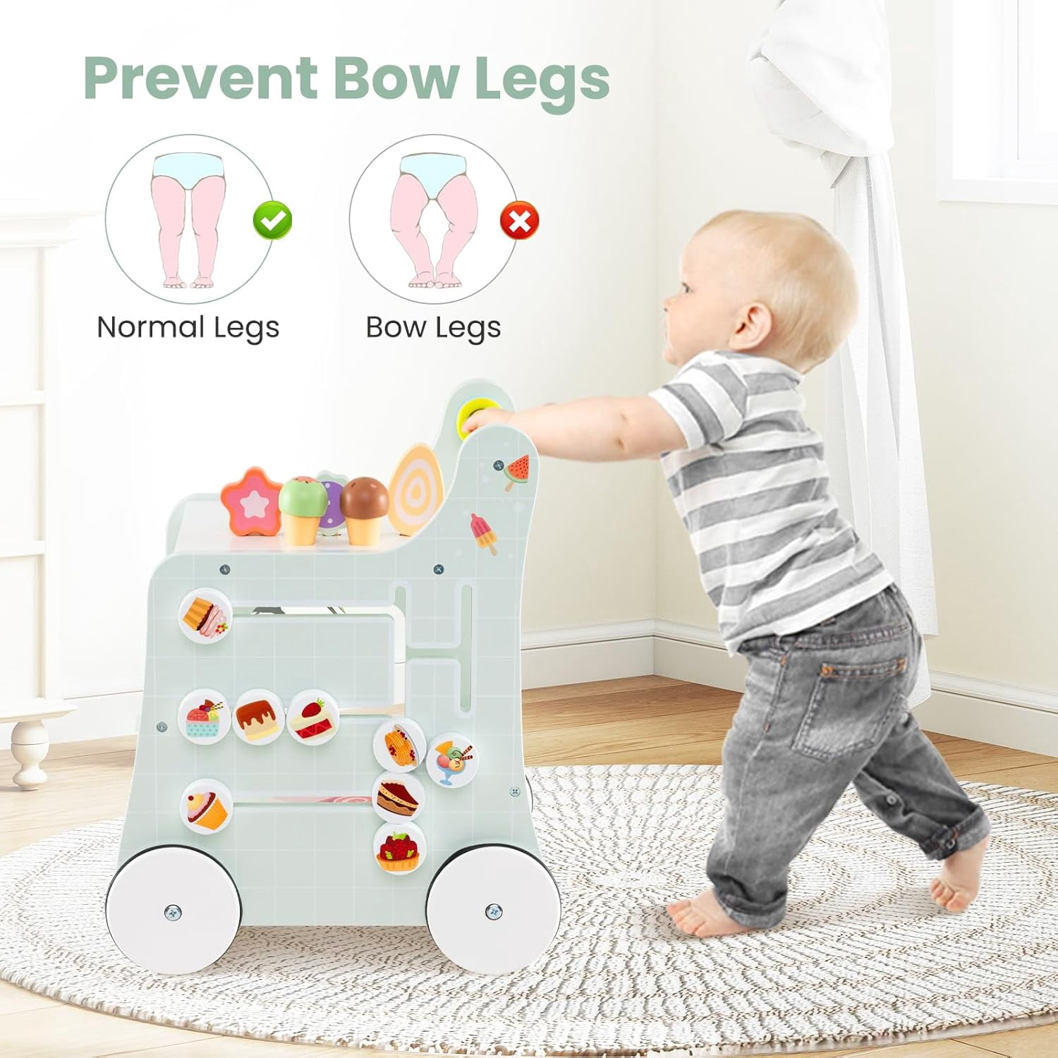 INFANS 6 in 1 Wooden Baby Walker, Play Kitchen Playset, Toddler Push Learning Activity with Wheels Shape Sorter Movable Slider, Montessori Educational Toy for Girls Boys 1-3 Years