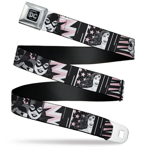 DC Comics Belt, Seatbelt Buckle Belt, Batgirl Wonder Woman Supergirl Retro Panels Black Pink White, 34 to 52 Inches