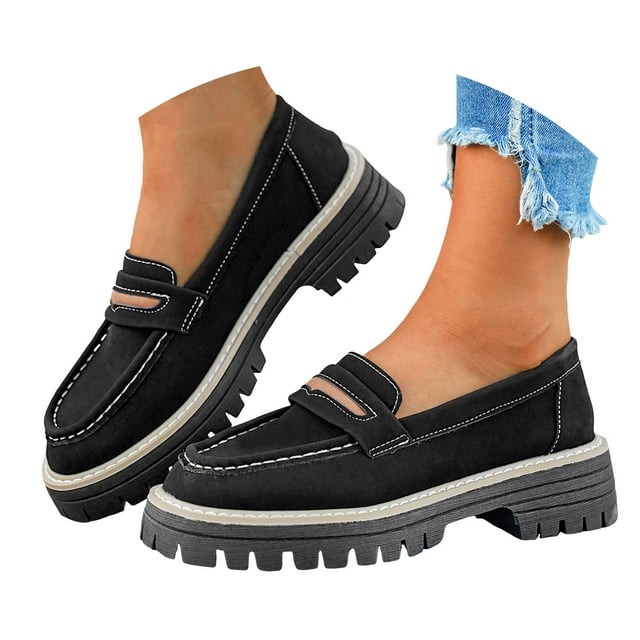 Chaussures Mocassins pour Femmes à Plateforme, Semelle Crantée, Rétro, Confortables, à Enfiler, Travail Bureau Affaires Décontracté Chaussures Habillées