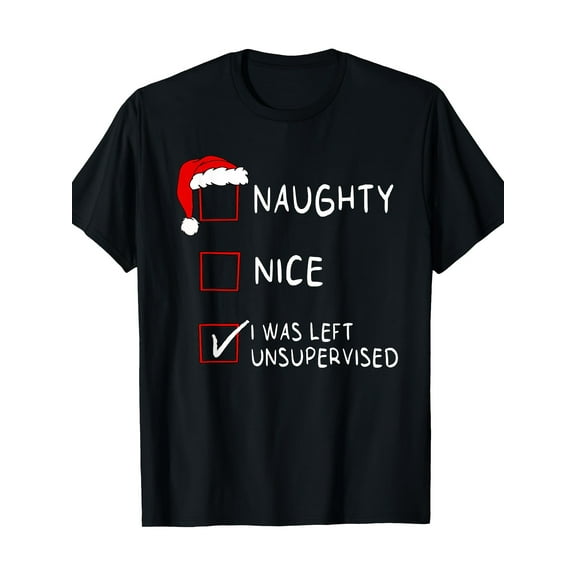 [Naughty Nice List Christmas Tee] Christmas Naughty Nice List Men's & Women's T-Shirt - 100% Cotton, Casual Crew Neck, Short Sleeve with Santa Hat Graphic, Machine Washable - Black