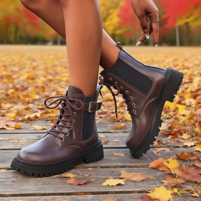 Lovzfmll Ankle Boots for Women, Chunky Military Boots Chunky Leather, Low  Heel Lace Up Buckle Round Toe Fall Booties Motorcycle Brown Boots