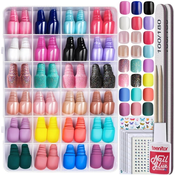 Press On Nails Teenitor, paquete de 24 unidades, cuadrados cortos, 576 unidades, con pegamento