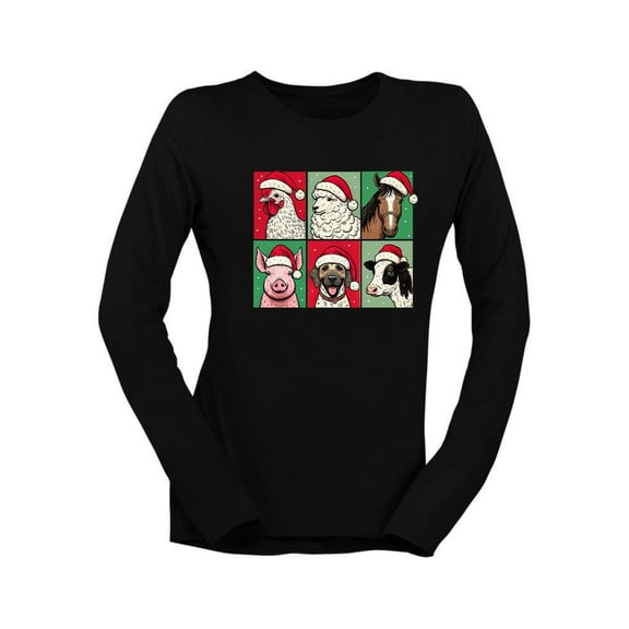 Farm Animals Xmas - Santa Hat Festive Women's Long Sleeve