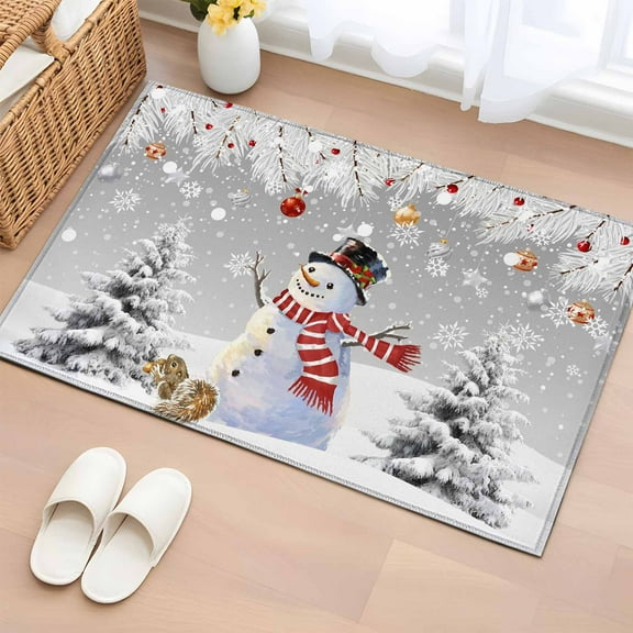 Grey Snowman Christmas Bathroom Rug Washable 2x3 Entryway Rug Non Slip Snowflake Tree Balls Xmas Front Door Mat Low Pile Indoor Doormat Throw Floor Carpet for Kitchen Bedroom Entrance
