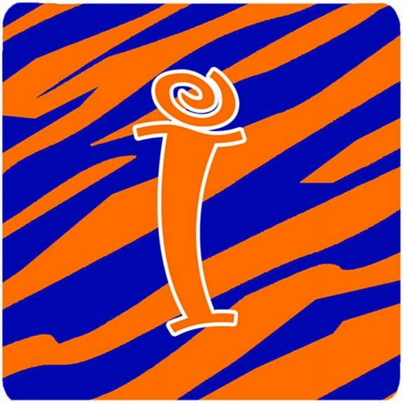 3.5 x 3.5 in. Monogram Tiger Stripe Blue and Orange Foam Coasters Initial Letter I, Set of 4