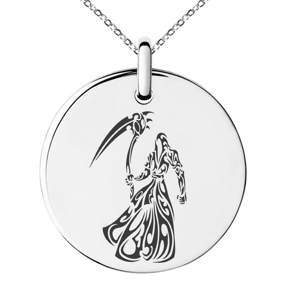 Tioneer Stainless Steel Harbinger Grim Reaper Engraved Small Medallion Circle Charm Pendant Necklace