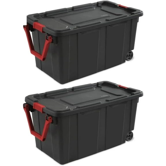 40 Gallon Wheeled  Tote Plastic Storage Bin Black Set of 2