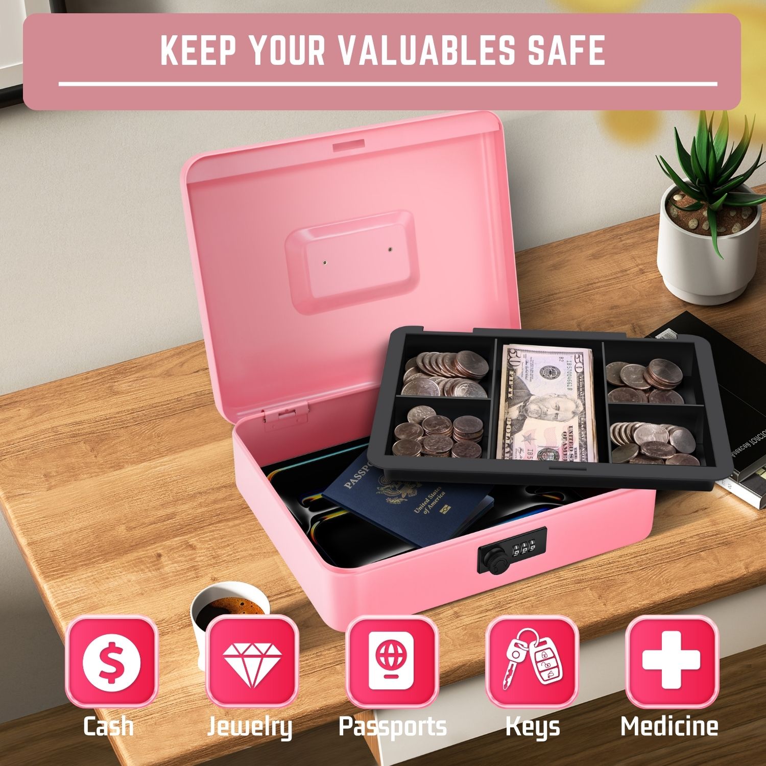 Cash Box with Combination Lock - Metal Cash Box with Money Tray and Lock - 5-Compartment Money Lock Box for Cash, Petty Cash, Checks, Coins, 11.8"x 9.4"x 3.5", Pink