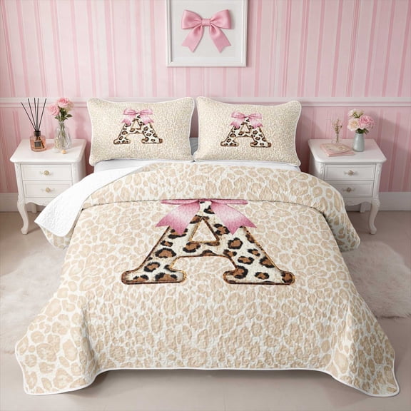 Erosebridal Pink Leopard Letter Bow Twin Quilt Set for Girls, Cheetah Alphabet Animal Twin Coverlet Set, 2pcs 1 Bedspread and 1 Pillowcase