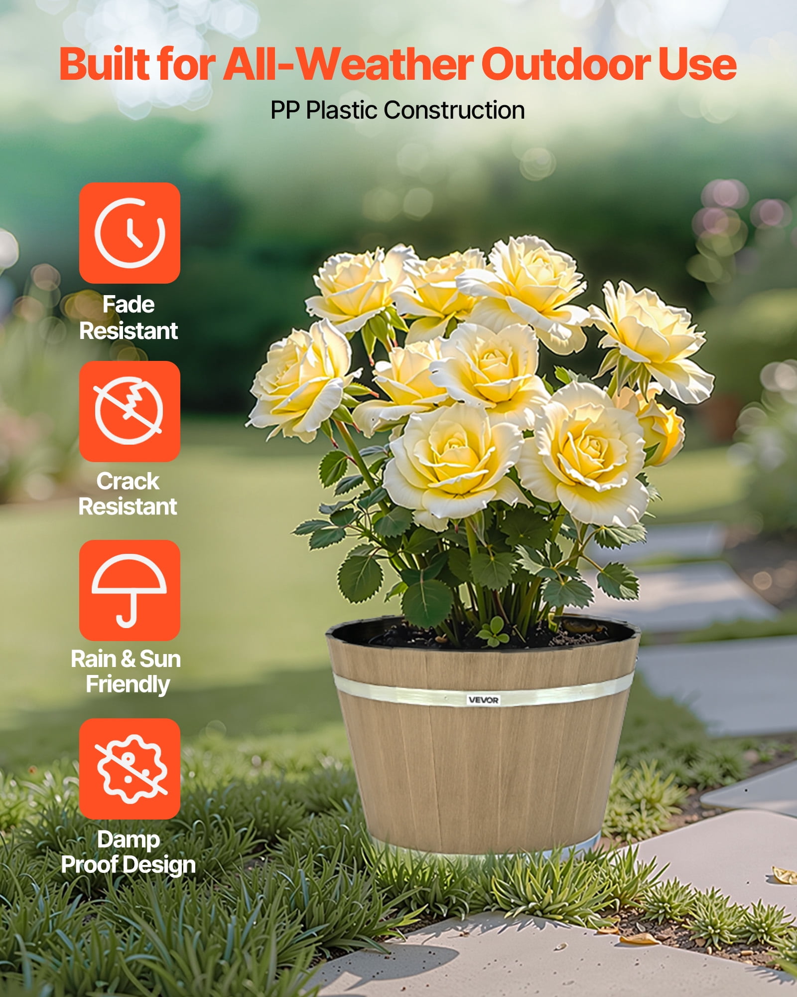 VEVOR Plant Pots, 4 Pack 11.81 inch Whiskey Barrel Planters with Drainage Holes,Large Outside Plastic Decoration Flower Pot Imitation Wine Barrel Design for Indoor Outdoor Garden Home Plants,Brown