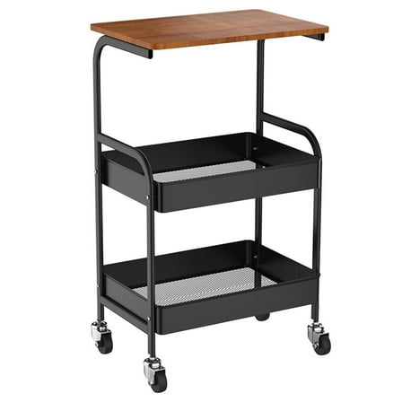 Printer Stand with 3 Storage Shelves and Wheels, 3 Tier Metal Frame Wood Top Laptop Table Storage Trolley Cart for Office Home 16.9*11.8*29.21in Black Brown