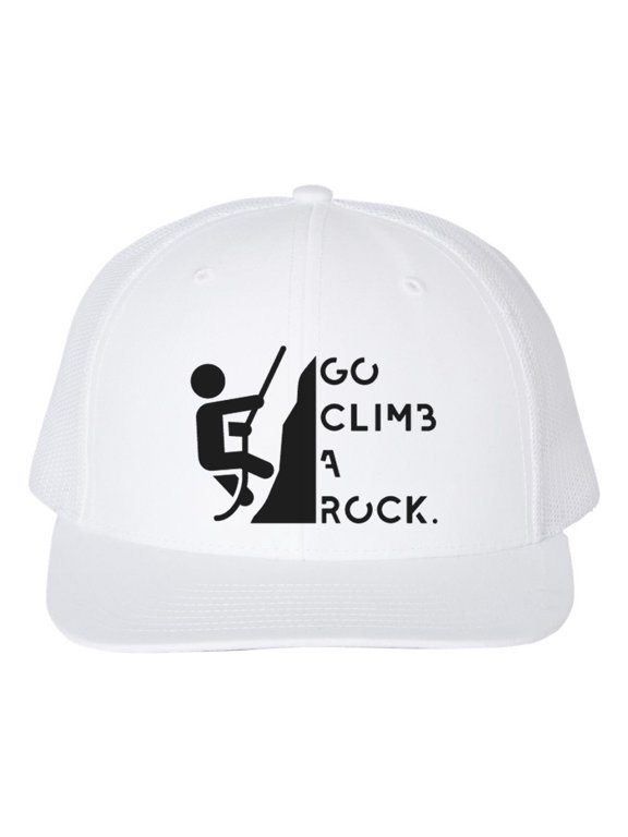Rock Climber Hat, Go Climb A Rock, Rock Climbing Gear, Bouldering, Adjustable Snapback, Climbing, Rock Climing Apparel, White Text, White