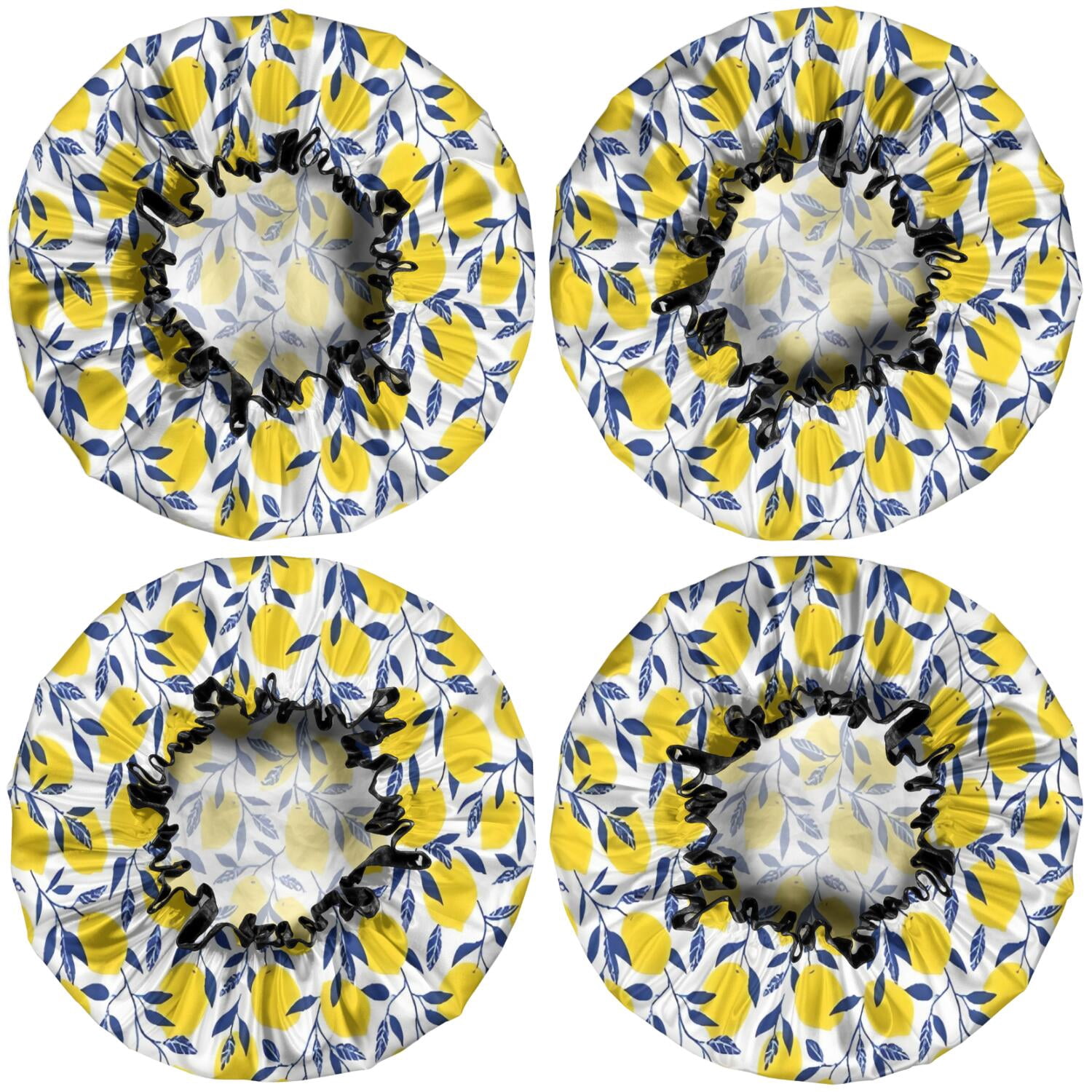 Shower Caps,Yellow Lemon Fruit Leaves White Pattern Waterproof Shower Cap for Women 4 Pieces,Double Reusable Hair Cover for Shower PEVA Elastic Stretch Hem