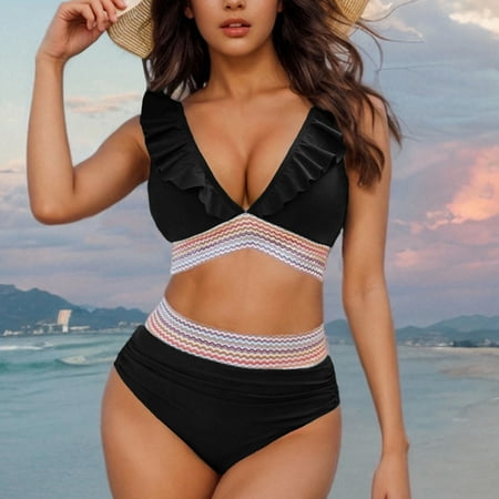 Summer Savings Clearance! Bathing Suit Clearance Sale Fashion Women Summer Solid Color with Chest Cushion and No Steel Support Sexy Backless Strap Bikini Swimsuit Black M