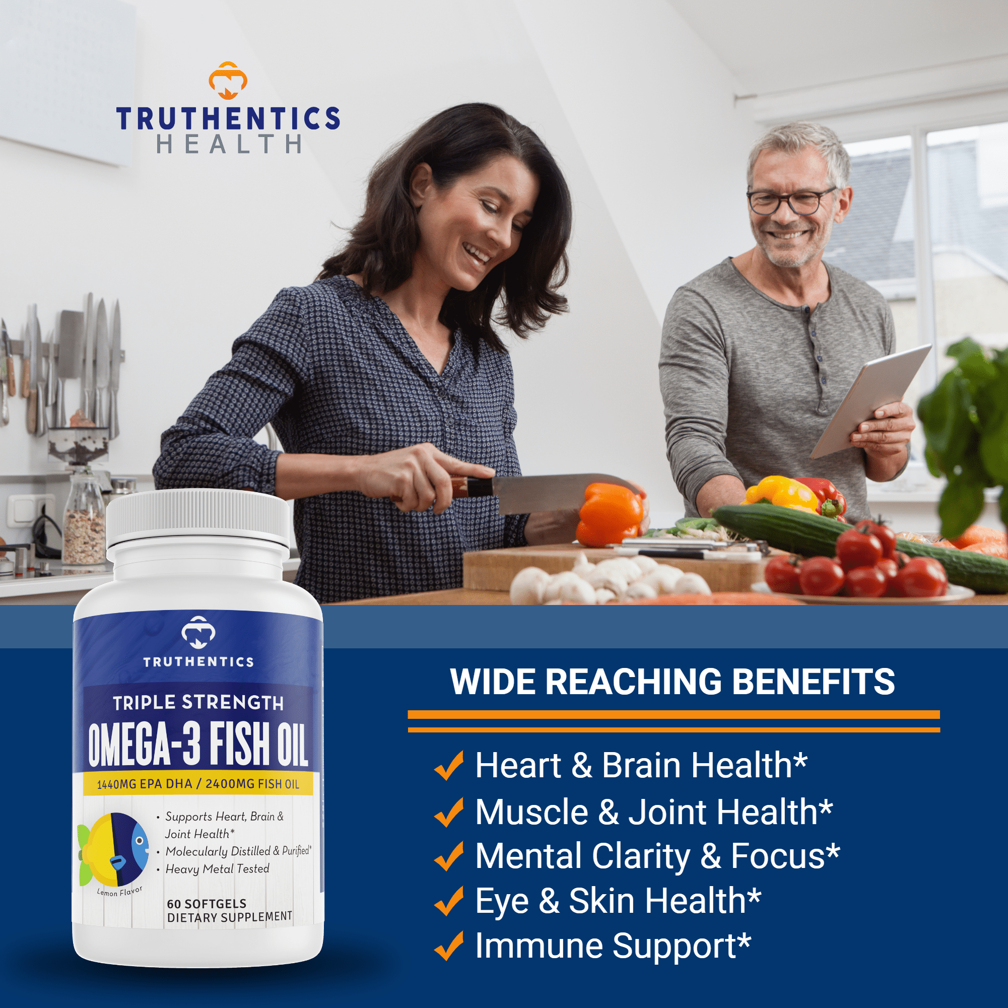 Truthentics Omega 3 Fish Oil 2400 mg - Triple Strength - 100% Pure - Sea-Harvested - High EPA DHA Omega Fatty Acids - 60 Lemon Softgels