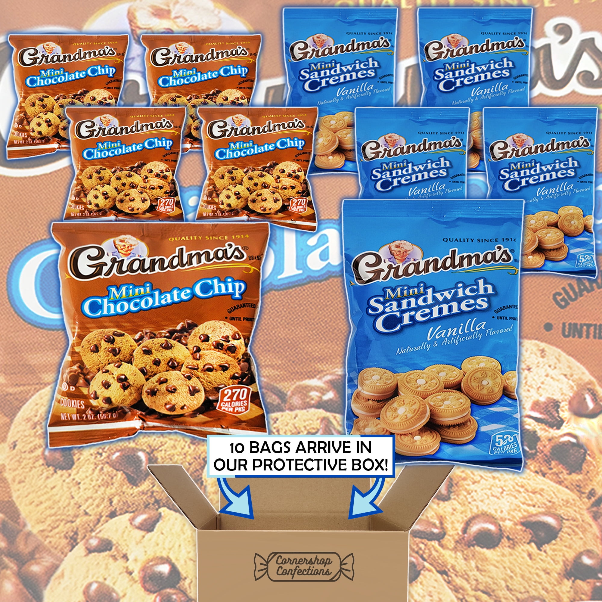 Grandma's Mini Cookies Variety Pack - 5 Individual Bags Each of Mini Chocolate Chip 2 Ounce bags and Mini Sandwich Cremes Vanilla 3.71 ounce bags - 10 Bags in all in Cornershop Confections Pack