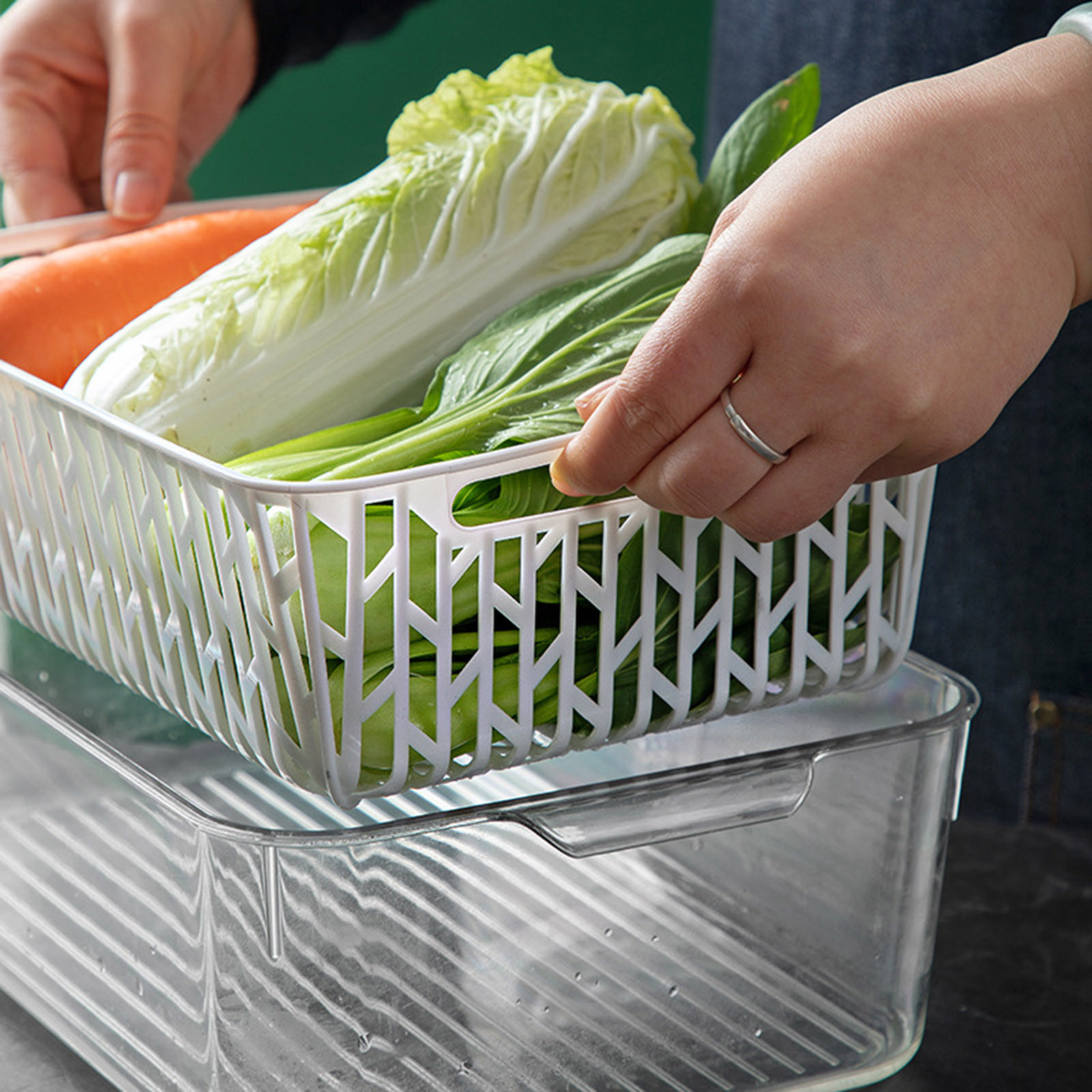 Modular Refrigerator Fresh-Keeper System with Drainage Grid - Food-Grade Sealed Container for Vegetable Hydration, Fruit Preservation & Egg Stacking | BPA-Free Crisper Organizer(13.19x6.5x3.94")