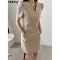 thumbnail image 4 of VONDA Summer Mini Dress 2024 Women Short Puff Sleeve Party Sundress V Neck Fashion Casual Loose Solid Zipper Short Vestidos, 4 of 5