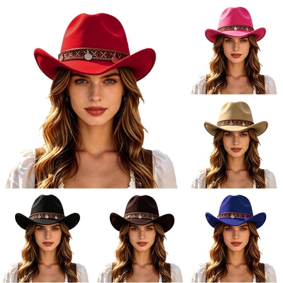XIAOCHA Shapeable Brim Wool Cowboy Hat for Women Solid Wide Brim Western Hat Farm Party Western Cowboy Hat,Red
