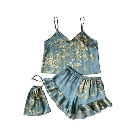 

KelaJuan 2pcs Women s Pajamas Set Soft Floral Print Crop Cami Tops + Shorts Set Silk Sleepwear