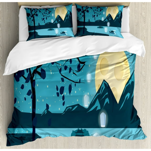 Magic Moon Duvet Cover Set Queen Size, Illustration Night Landscape of Moon over Mountains, Decorative 3 Piece Bedding Set with 2 Pillow Shams, Cream Dark Violet Blue Sea Blue, by Ambesonne