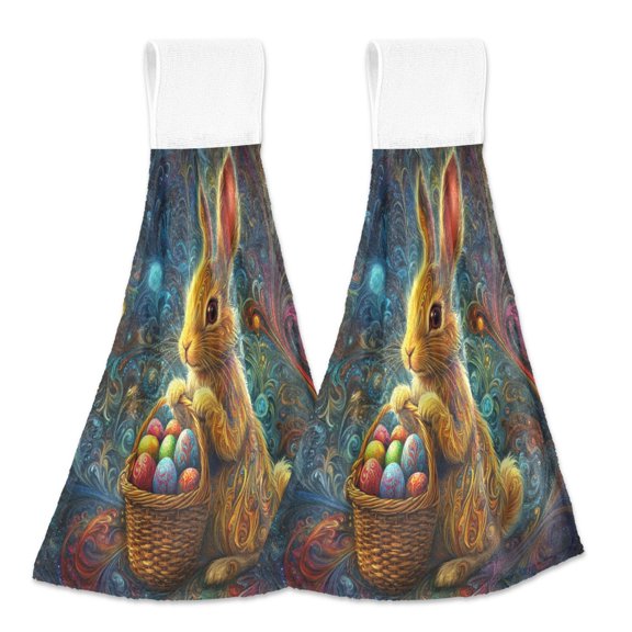 BZSMCE Hanging Hand Towels Fashion Bunny with Eggs Pattern 2-Pack - Velcro Style Bathroom Kitchen Towels