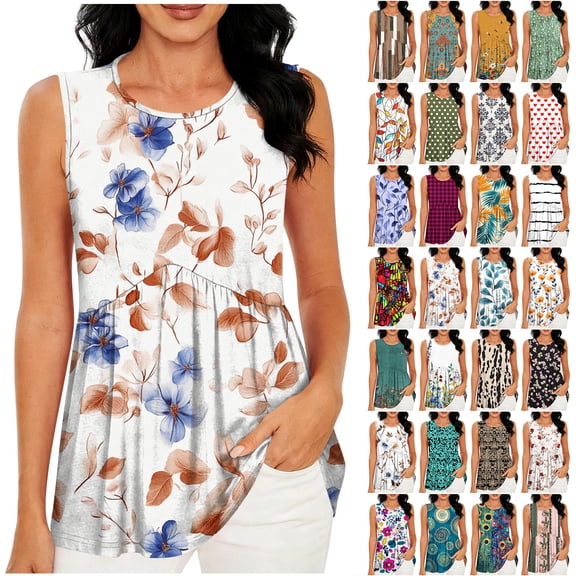 JTZGDY Flowy Tank Tops for Women Trendy Floral Printed Summer Sleeveless Scoop Neck Ruched Pleated Loose Fit Cozy Tunic Blouse Dressy Peplum Top