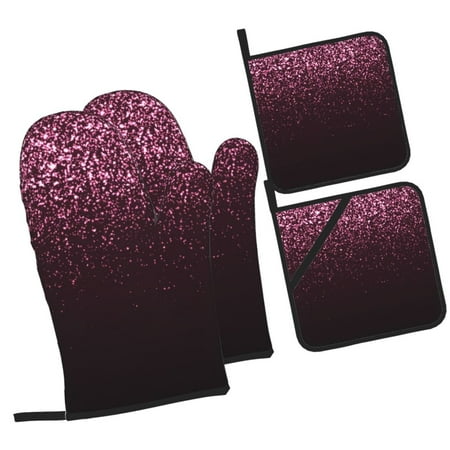 

Haiem Pink Glitter Sparkles A Print Extra Long Oven Mitts and Pot Holders 4pc Sets: Heat Resistant Silicone Oven Mittens with Mini Oven Gloves and Hot Pads Potholders