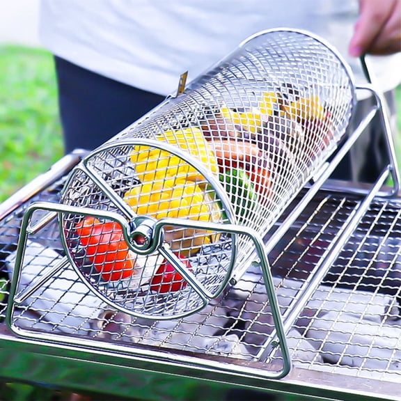 Uxgjfwu Round Barbecue Cage and Smoker Basket, Portable Outdoor BBQ Grill Net with Rotating Roller, Hinged Cooking Basket for Grilling Vegetables and Meat