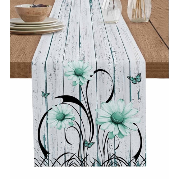 Boanket Aqua Daisy Table Runner - 72 Inch Long, Kitchen Dining Table Runner Dresser Scarves, Rustic Butterfly Floral Gray Wooden Grain Farmhouse Decor for Coffee Tables Wedding Party Banquet