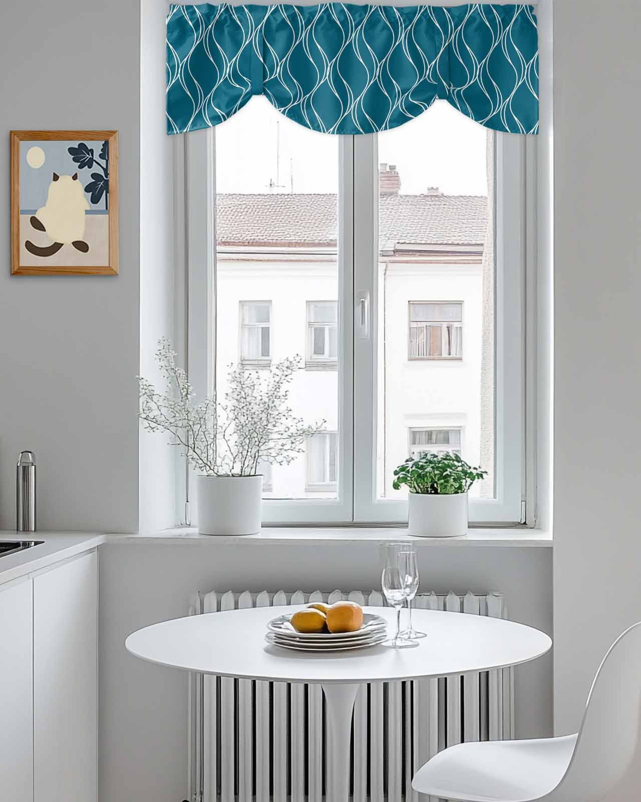 Peacock Blue Lines Tie Up Valances Curtain, Adjustable Kitchen Abstract Waves Striped Classic Valances for Windows Decor, Rod Pocket Short Curtains Set for Bedroom/Bathroom, 60"x18"
