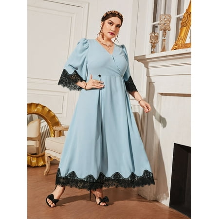 

Elegant Baby Blue Women s Plus Size Contrast Eyelash Lace Puff Sleeve Plicated Detail Dress L220301D 3XL(18)