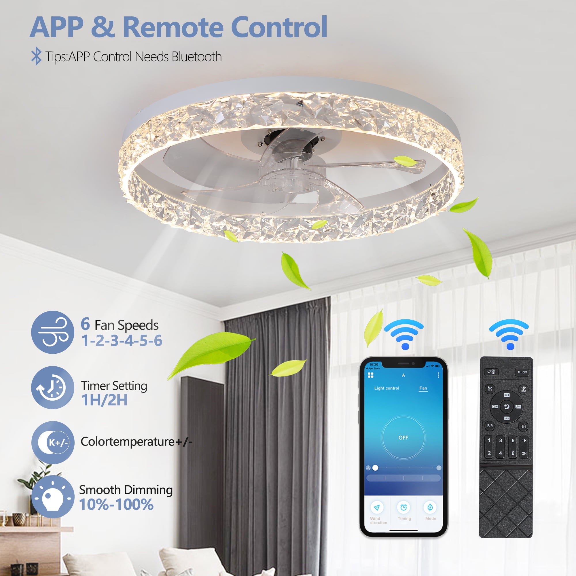 Ceiling Fan Light with Remote Control, Dimmable LED Chandelier, 6-Speed Adjustable, Quiet Motor, Flush Mount Design for Living Room, Bedroom, Dining Room