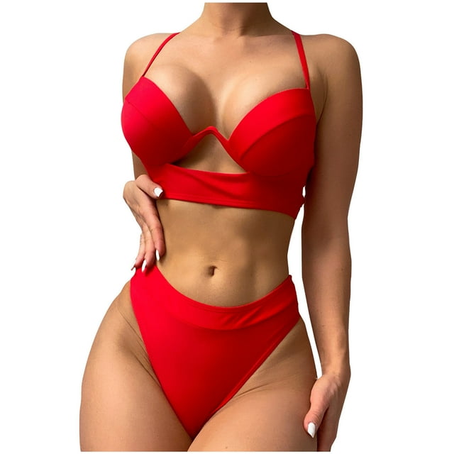 Qertyioot Deal Women's Plus Size Classic Bikini Top Swimsuit Solid Color Hollow