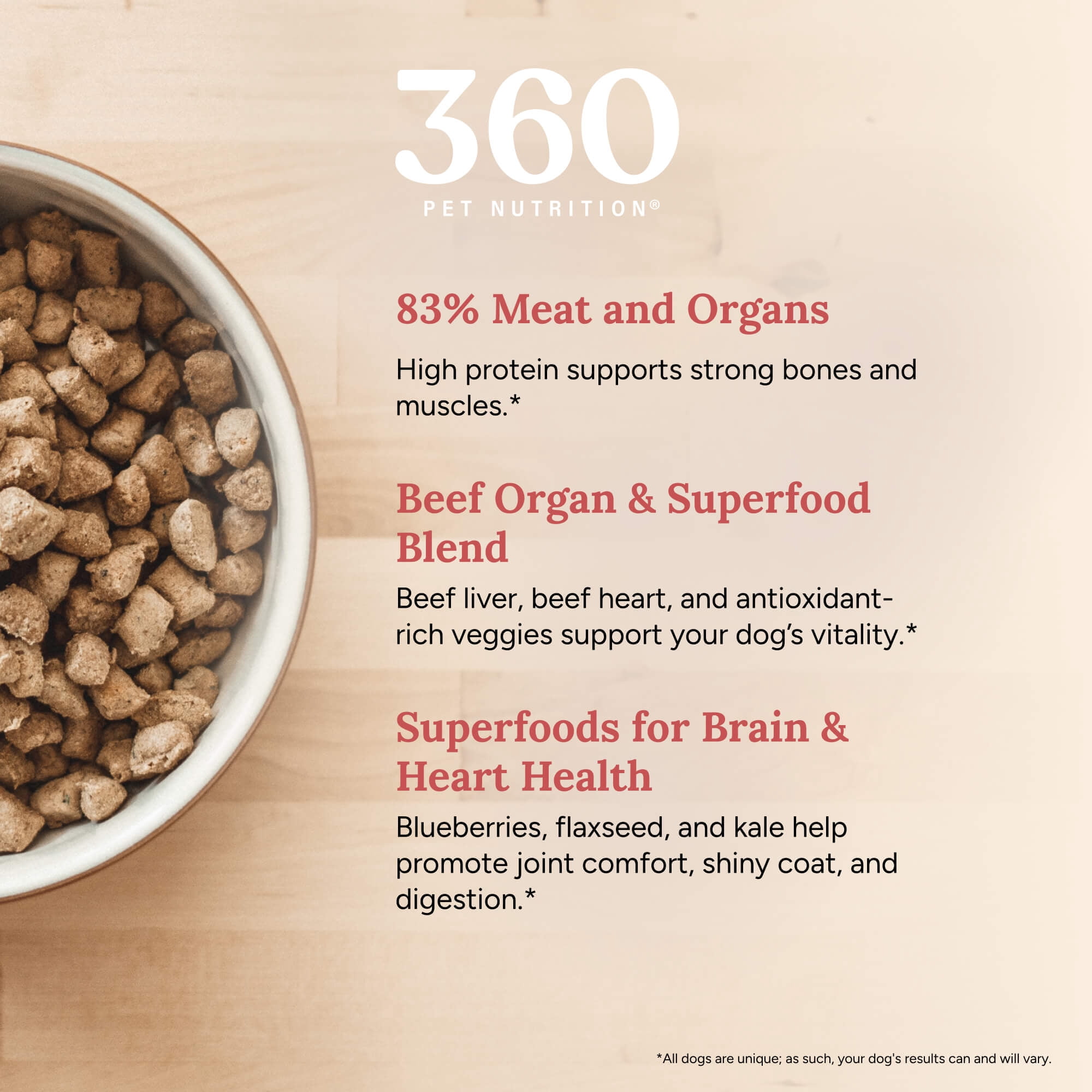360 Pet Nutrition Beef Flavor Freeze Dried Dog Food, 5 oz. Bag