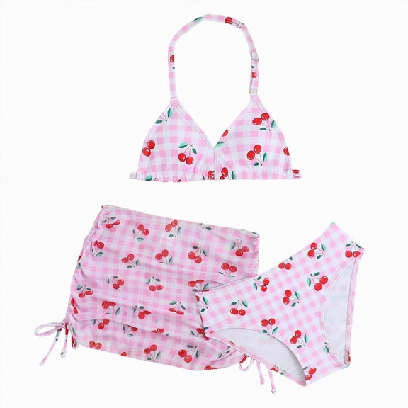 mgoYE Kids Bathing Suits Girls 10-12 Girl's 3 Piece Swimwear Set Halter Cute Print Bikini Bathing Swim Suits with Beach Skirt Coverup(Pink,11-12 Years)