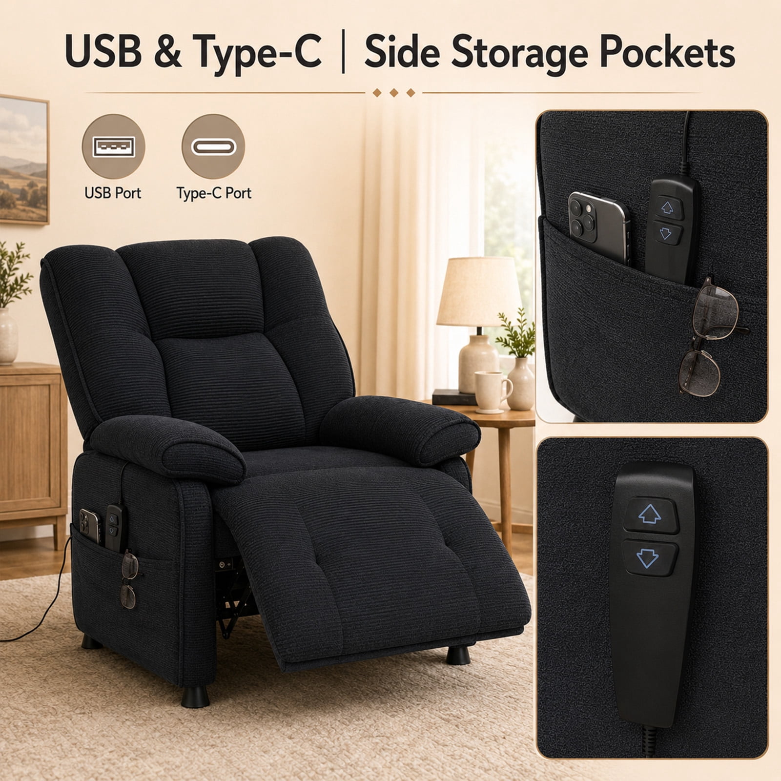 Leumius Recliner Chair, Ergonomic Tufted Cushion Single Recliner with Chenille Fabric, Side Storage Pocket, Anti-Slip Wooden Legs, 300lbs Capacity for Living Room Bedroom Gaming Lounge,Dark Gray