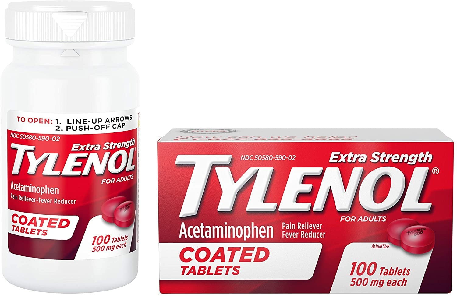 TYLENOL Extra Strength Acetaminophen Adult Pain Relief & Fever Reducer Coated Tablets, 100 ea (Pack of 2)