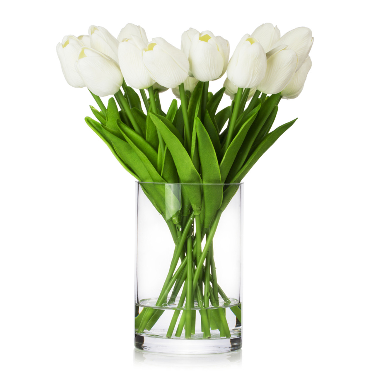 ENOVA FLORAL 20 Heads White Tulips Real Touch Artificial Flowers in Vase, Fake Tulips Flowers with Vase and Faux Water for Dining Table Decoration