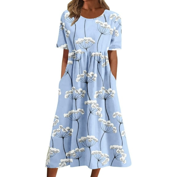 Ecqkame Women's Summer Long Dresses Short Sleevel Casual Floral Print Dresses Loose Tshirt Dress Sky Blue S
