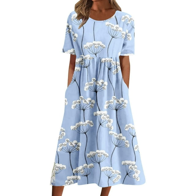 Staron Robe d'Été pour Femmes à Imprimé Floral, Coupe Trapèze, Manches Courtes, avec Poches, Plage, Vacances d'Été, Ample et Fluide, Col Ras du Cou, Boho, Robe Midi, Bleu Ciel, TTG