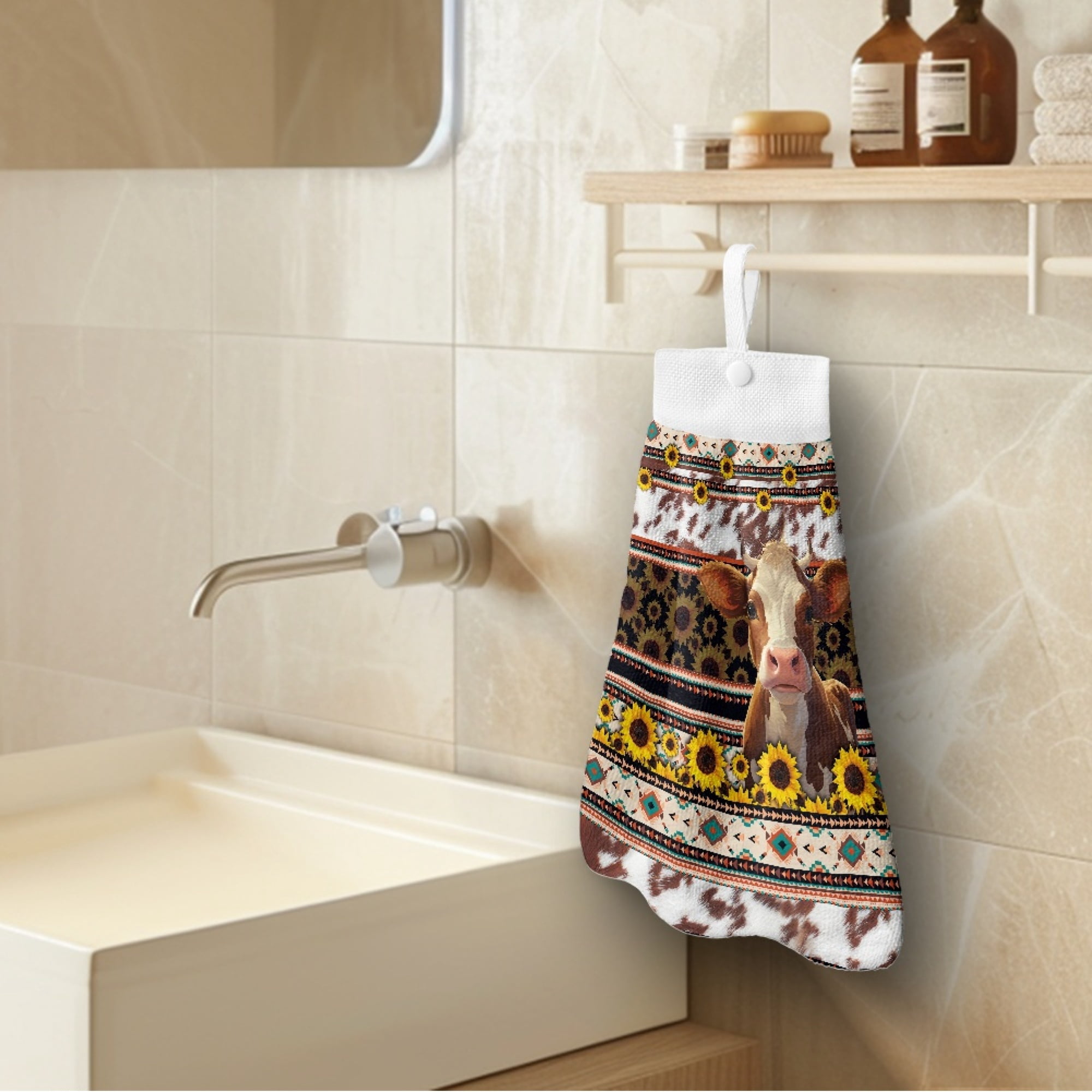 ZIATUBLE Aztec Tribal Hanging Hand Towel Sunflower Cow Kitchen Hand Towels with Hanging Loop Bathroom Hand Bath Towel Easy to Clean Dish Cloths Towel Quick Dry Hand Tie Towel