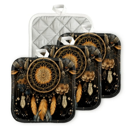

BaHomeck Pot Holders 4pcs dacron Made Square heat-resisting mat Machine Washable for Kitchen Oven Hot Pads 6.7inch*6.7inch Dreamcatcher With Feathers And Flowers