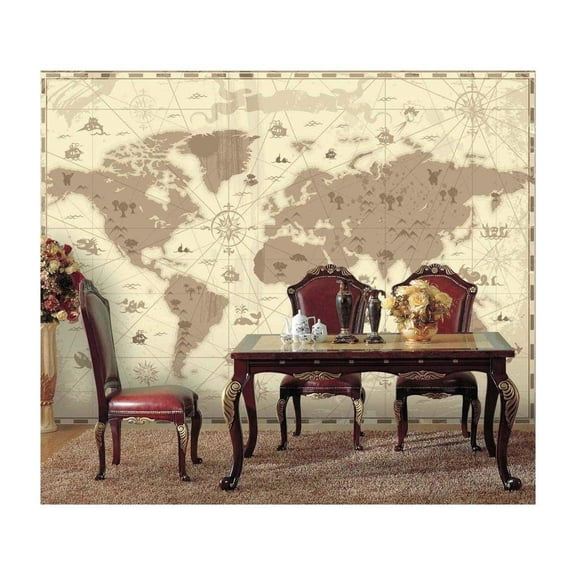 wall26 - Brown Vintage World Map with Compass and Fun Cute Landscape and Mystical Animals Icons - Wall Mural, Removable Sticker, Home Decor - 66x96 inches