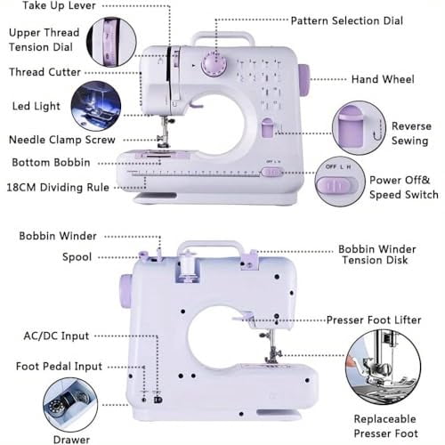 Portable Mini Electric Sewing Machine – 12 Built-in Stitches,2-Speed Control,Foot Pedal Operation,Built-in Light,Storage Drawer & Complete Sewing Kit – Perfect for Beginners & Home Use (Purple）