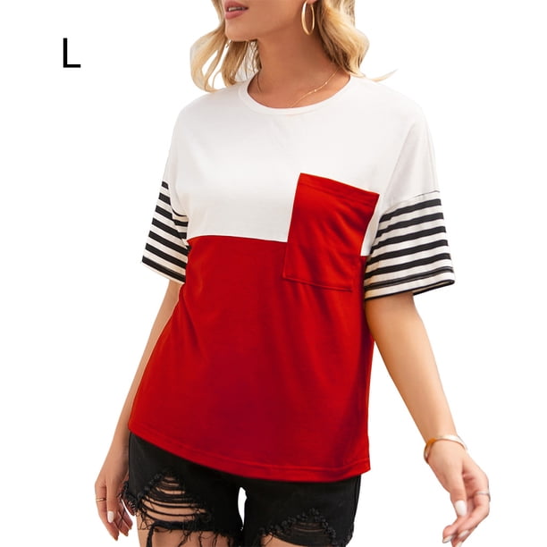 Camiseta de mujer Bloque de color a rayas Manga corta Cuello redondo Top suelto, Rojo vino, L Vogacara AP001245-23
